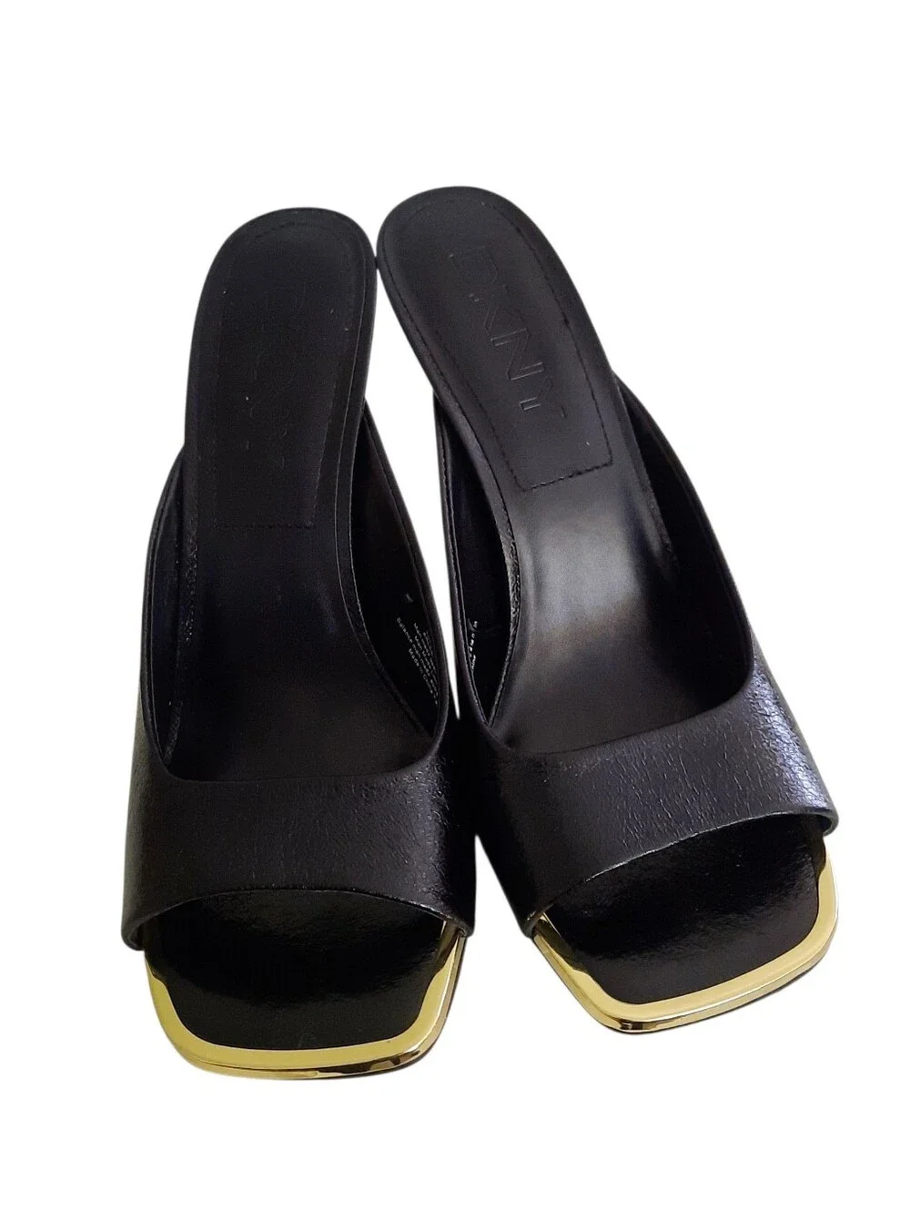 New DKNY Arleen Black Vegan Leather Open-Toe High Heel Mules w/Gold Trim Sz 10M